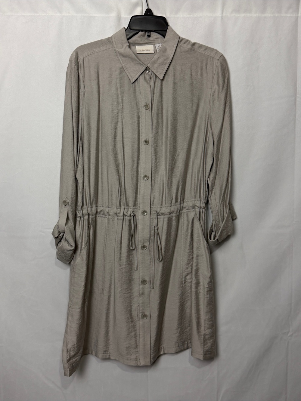 Chico's Women's Size 2 Large Taupe Utility Tunic Top Drawstring Waist